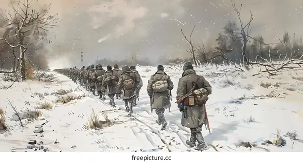 A group of soldiers marching through a snowy forest