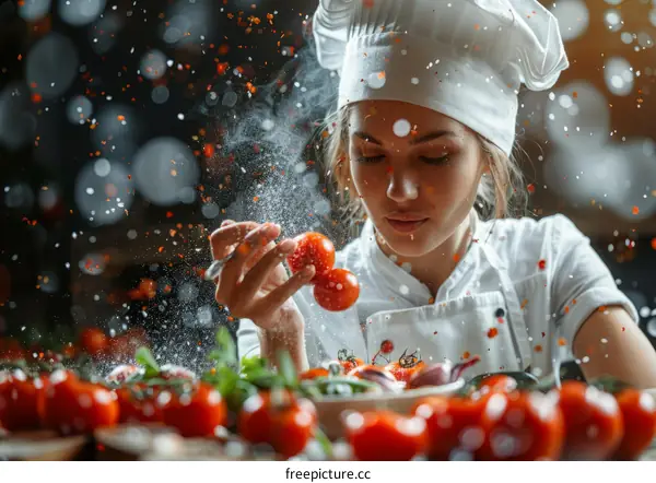 Female Chef is Adding Spices to Dish She's Preparing in Restaurant