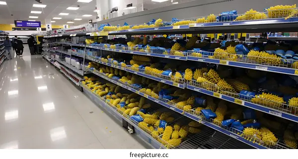 Yellow Cleaning Brushes On Shelves At Store