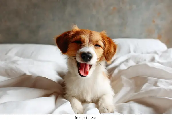 Adorable Puppy Yawning on a White Bed