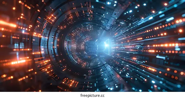 Abstract Futuristic Tunnel with Orange and Blue Lights