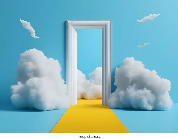Open Door to The Sky with Yellow Pathway and Clouds
