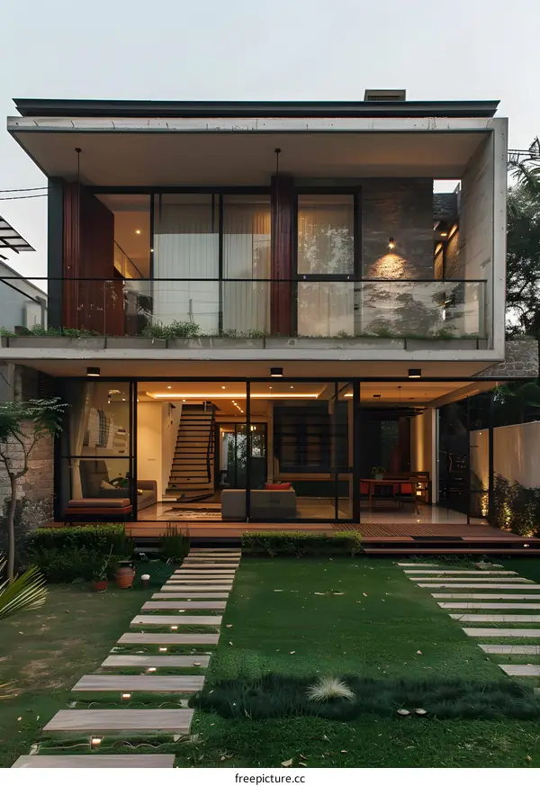 Modern House with Glass Windows and Stone Walls