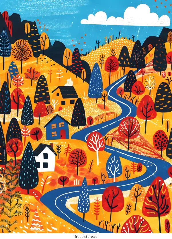 Illustrated Landscape With Winding Road And Houses