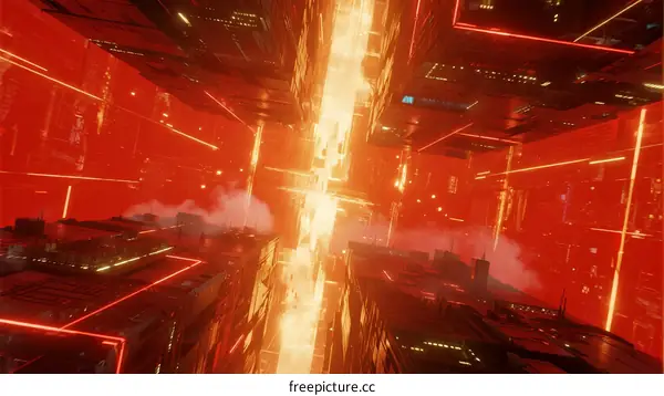 Futuristic Urban Nightscape with Glowing Red Technology