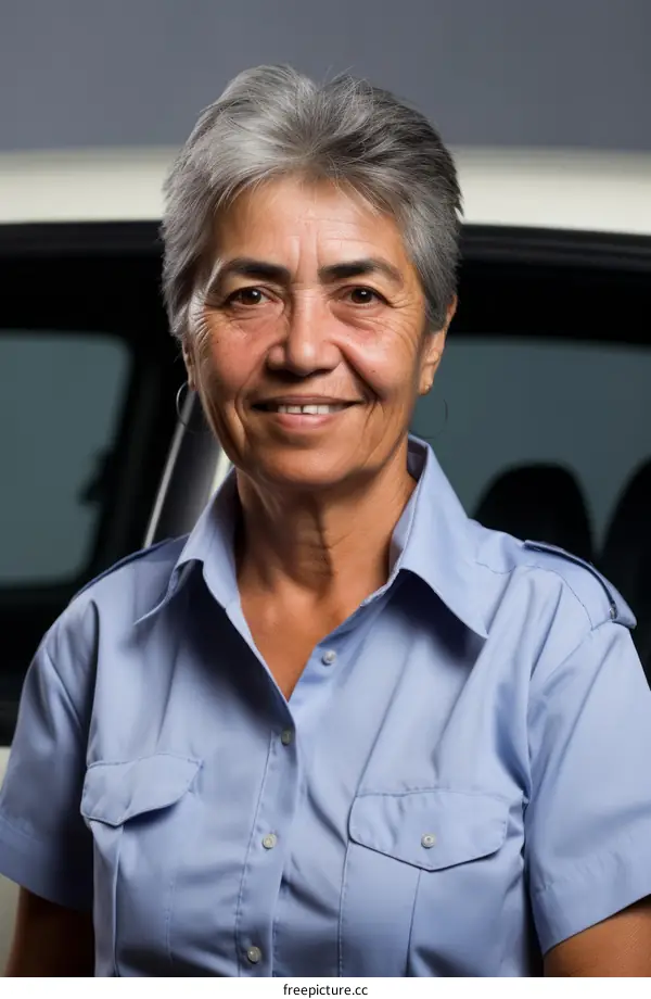 Portrait of a smiling senior woman with short gray hair in a blue uniform shirt