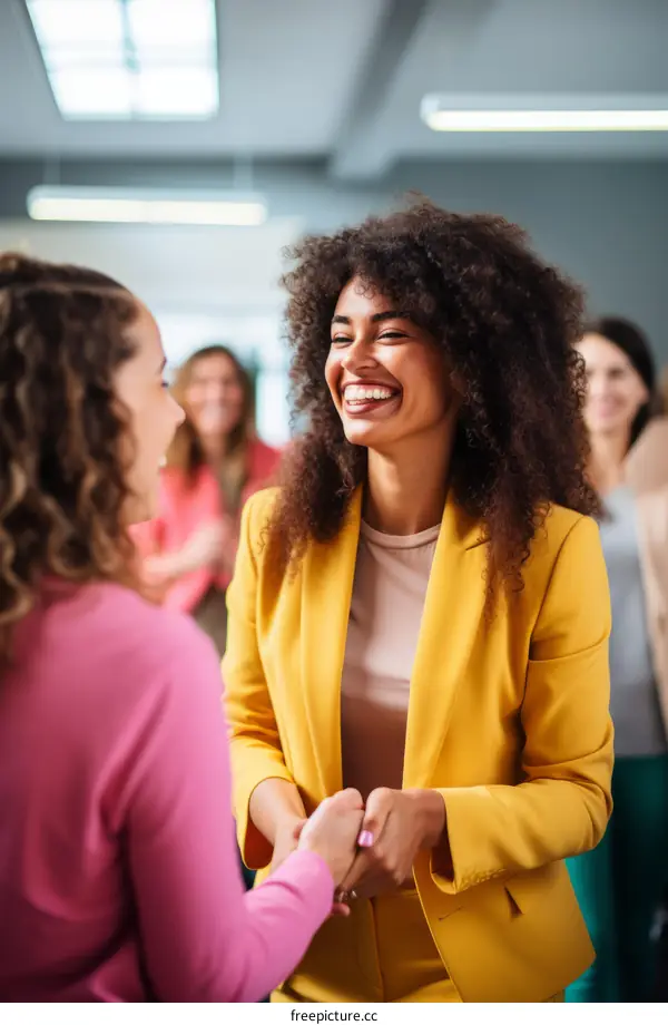 Two businesswomen shaking hands in an office