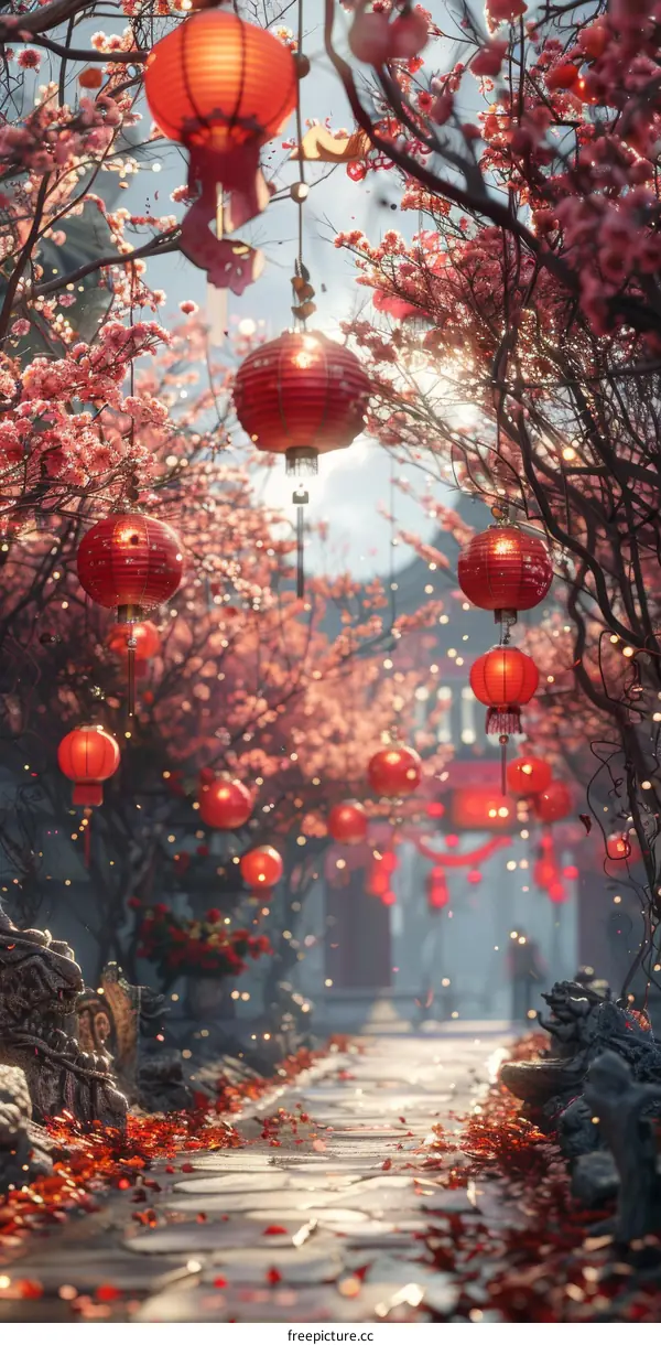 Chinese New Year Festivities Decorated with Red Lanterns and Cherry Blossoms in City Street Night Scene with Buildings