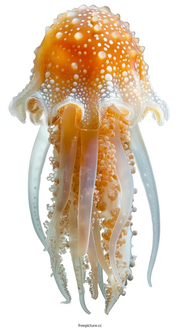 An illustration of a jellyfish with orange and white tentacles