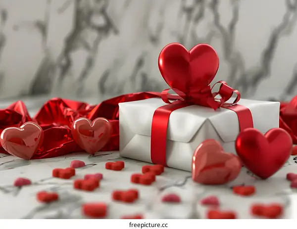 Red Bow White Gift Box With Red Heart
