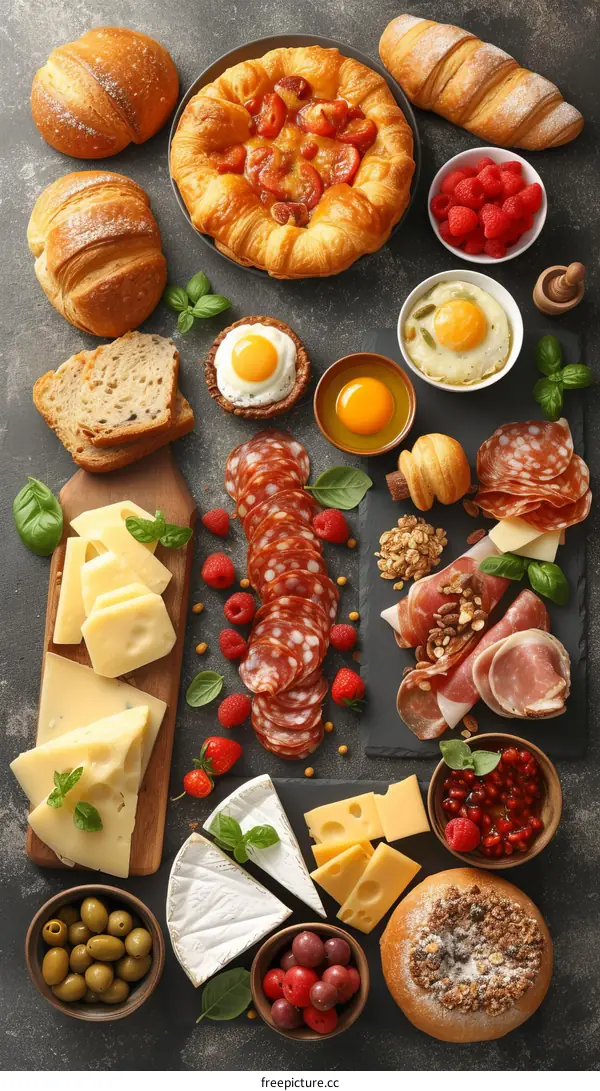 A delicious breakfast spread with various types of bread, cheese, eggs, fruit, and nuts