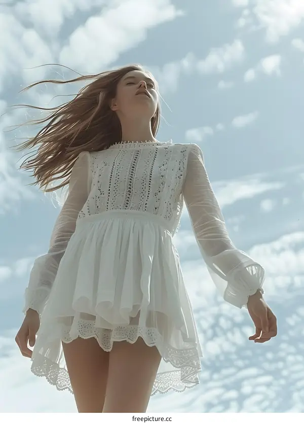 girl in white dress standing in the middle of the field with her eyes closed and hair blowing in the wind