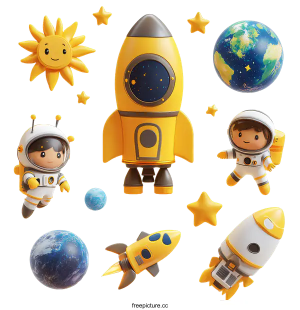 [Transparent Background PNG]Cute Astronauts and Rockets in Space Illustration