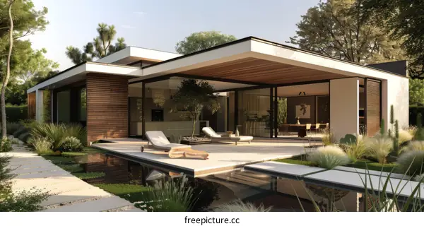 Modern House Exterior Design with Pool and Garden