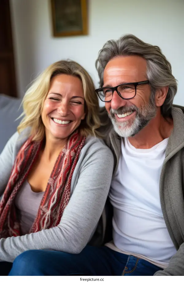 A happy couple sitting on a couch and smiling.