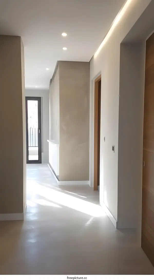 Modern Interior Design Hallway with White Walls and Wooden Door