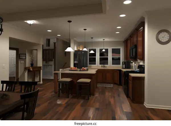 Modern Kitchen Design with Pendant Lights and Wood Flooring