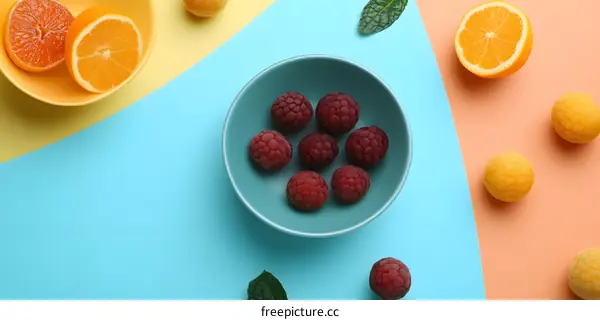 Flat Lay with Colorful Fruits and Green Leaves