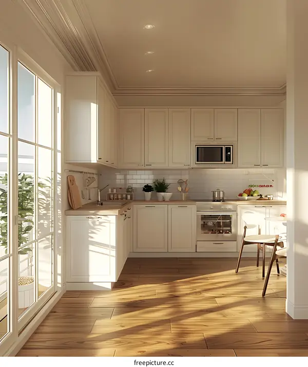 Modern White Kitchen with Wooden Floor and Sunlight