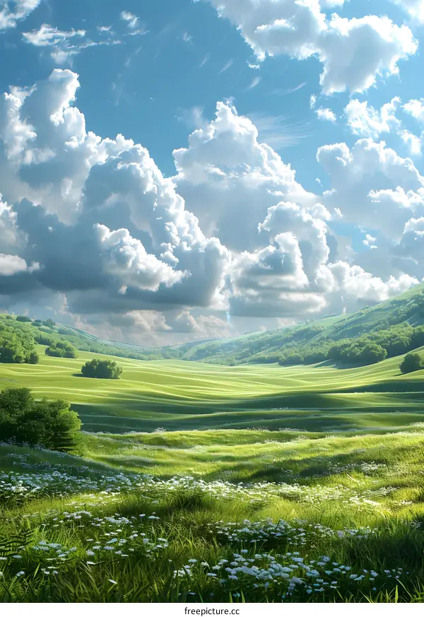 Green rolling hills under a blue sky with white clouds