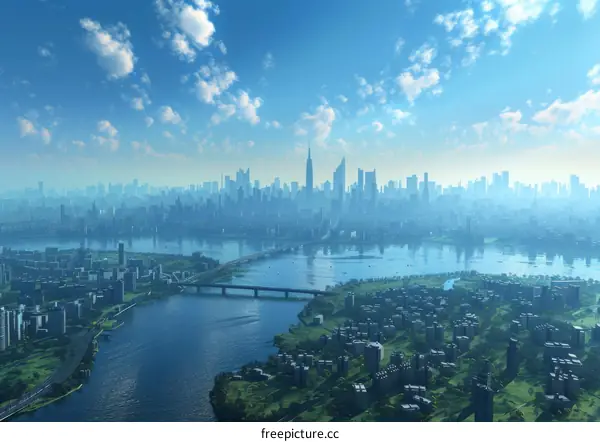 Bustling Metropolis with River and Bridges