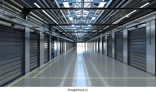 Empty Industrial Storage Garage with Rows of Closed Doors