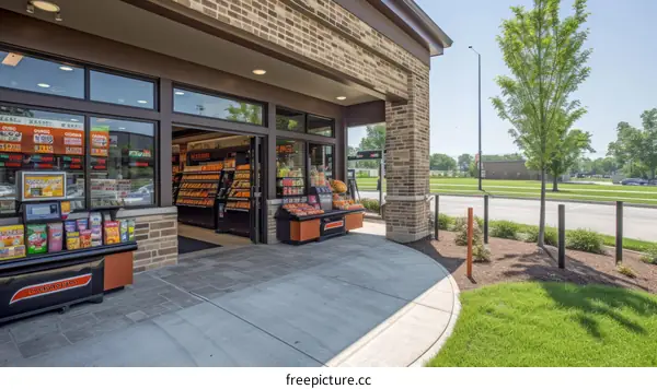 modern gas station with large glass windows and brick facade