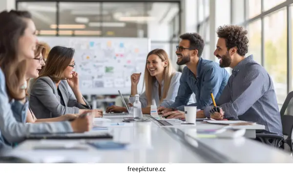 Multiethnic group of business people having a meeting in the office and laughing