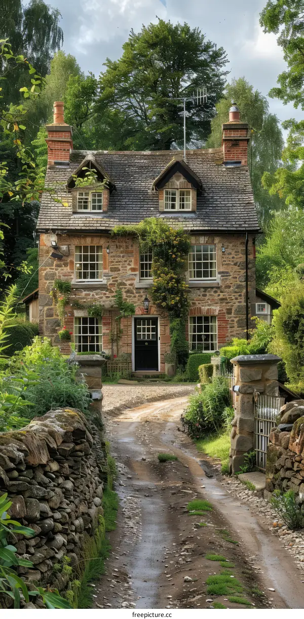 Charming English country cottage with stone walls and a slate roof