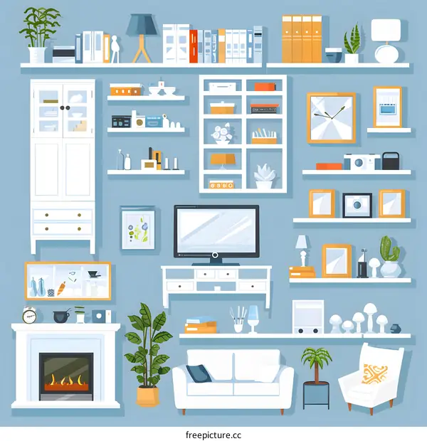 Living Room Interior Design with Fireplace, Sofa and TV