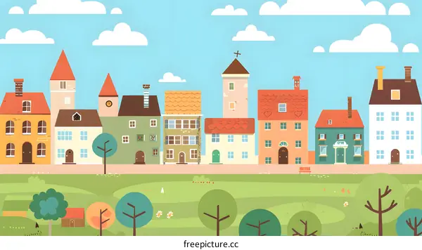 Cute Cartoon Illustration Of A Colorful Town With Houses And Trees