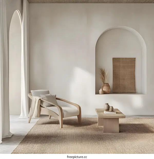 Minimalist Living Room Interior Design with Archway and Wooden Furniture