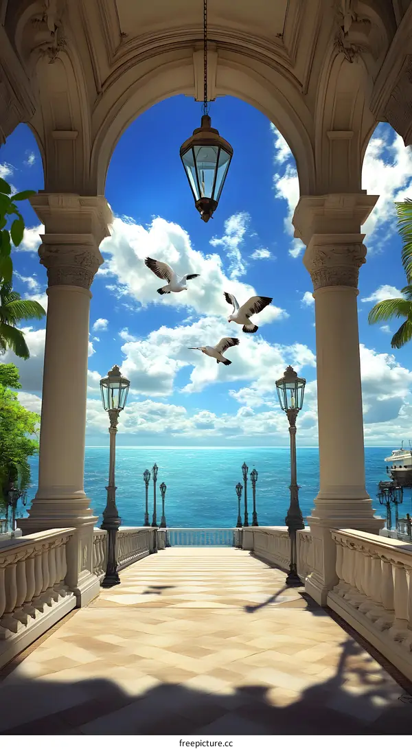 Ocean View From Balcony With White Columns