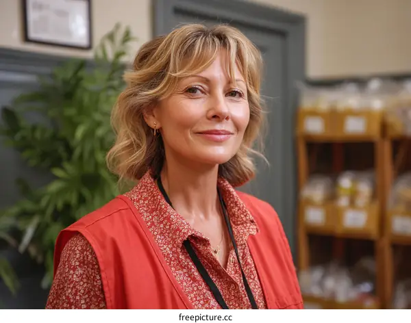A woman in a red vest stands in a room with shelves of jars