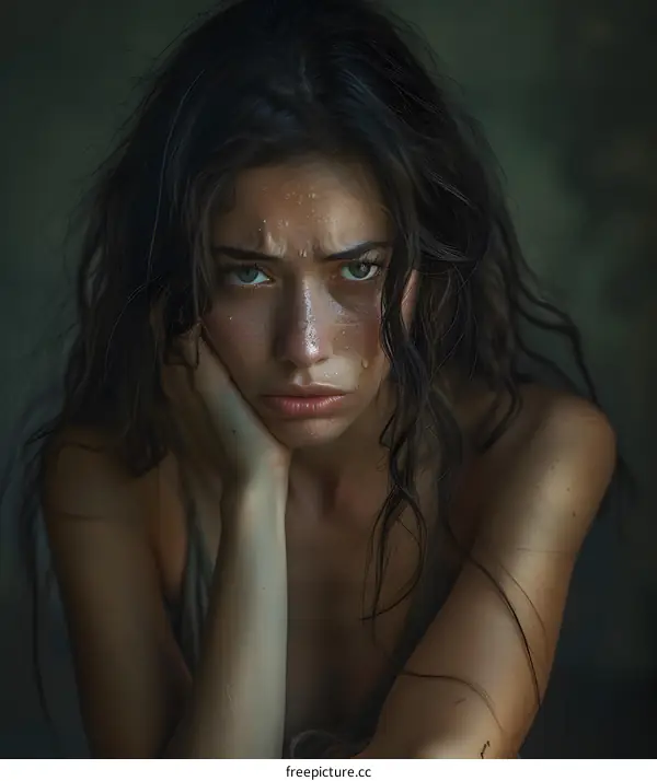 portrait of a young woman with wet hair and a pensive expression