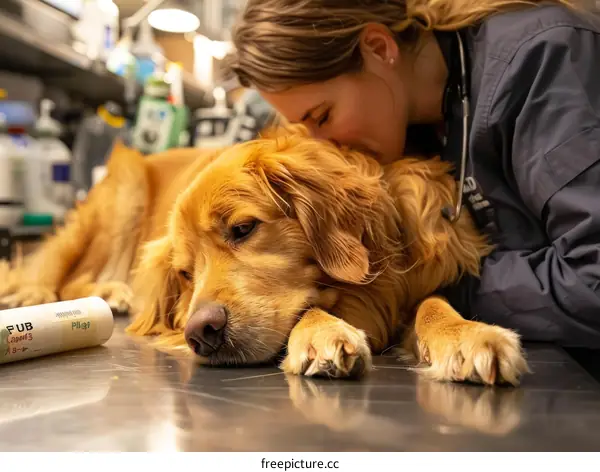 A veterinarian comforts a golden retriever