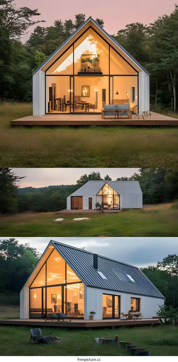Modern White House with Large Windows and a Deck in the Woods