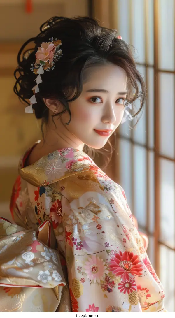 Portrait of a beautiful Japanese woman in traditional kimono