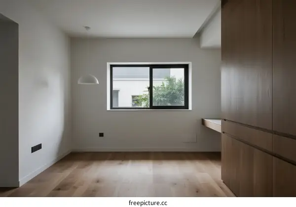 Modern empty room with wooden floor and large window