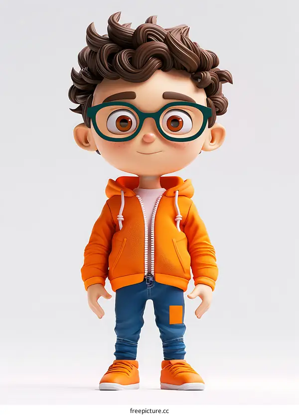 Cartoon Boy with Glasses and Orange Hoodie