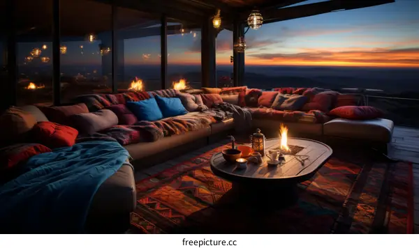 A cozy living room with a fireplace and a view of the mountains