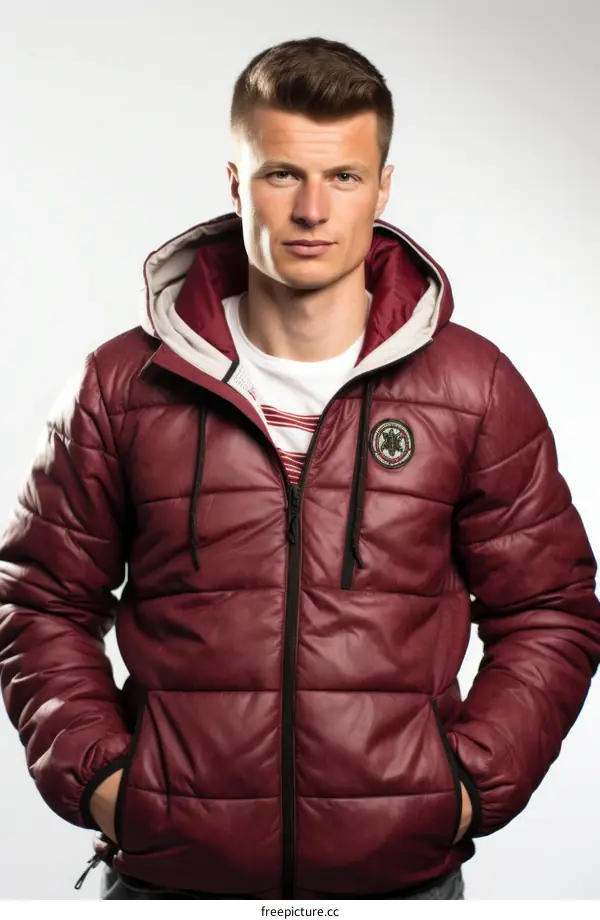 Studio portrait of a young man wearing a red hooded jacket