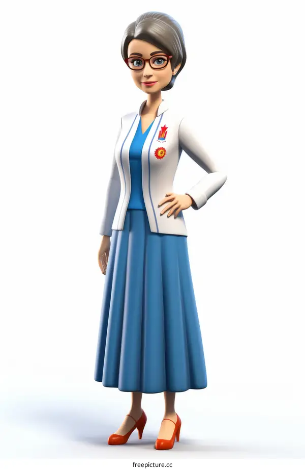 Female elderly teacher in glasses, white lab coat, and blue skirt
