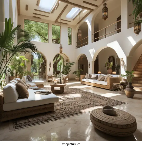 Bright and Airy Living Room With Vaulted Ceilings and Arched Windows