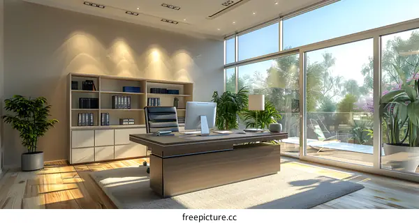 Modern Home Office Interior Design with Desk and Large Windows