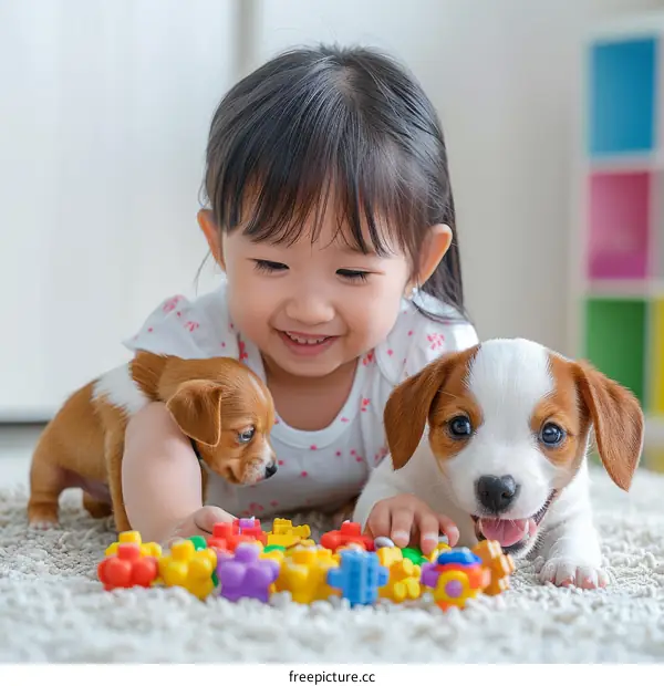 Asian toddler girl playing with two puppies on the floor
