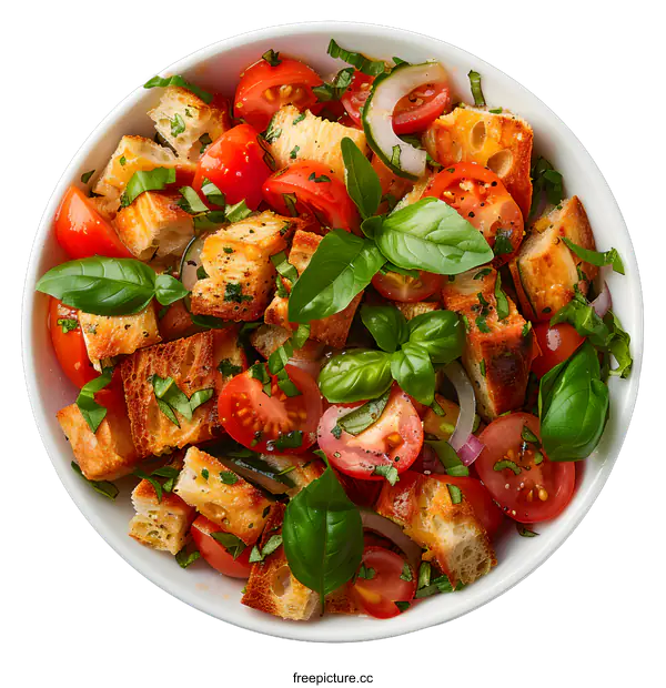 [Transparent Background PNG]Top view of a bowl of traditional italian tomato salad Panzanella