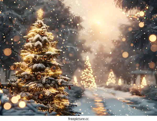 Christmas tree shining in the snow