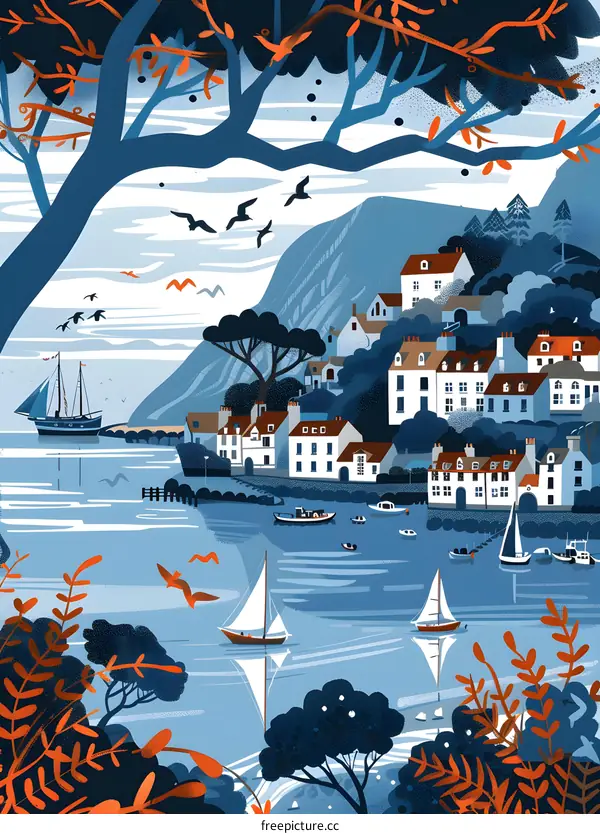 Blue and Orange Color Palette Coastal Town Landscape Illustration