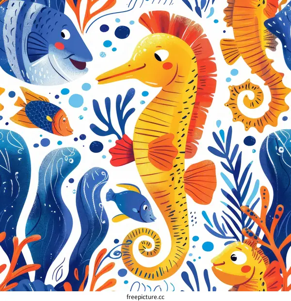 Underwater life and plants seamless pattern